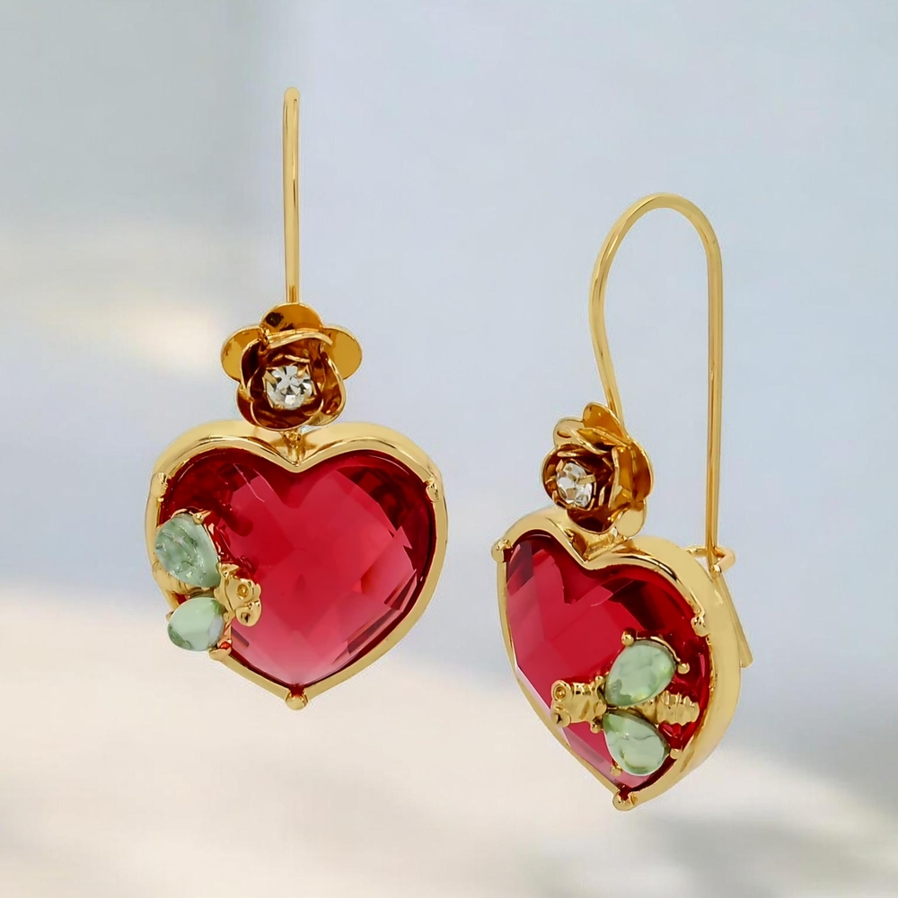 NEW Betsey Johnson Elegant Pink Faceted Stone Heart Drops With Flower Accent - Picture 4 of 5